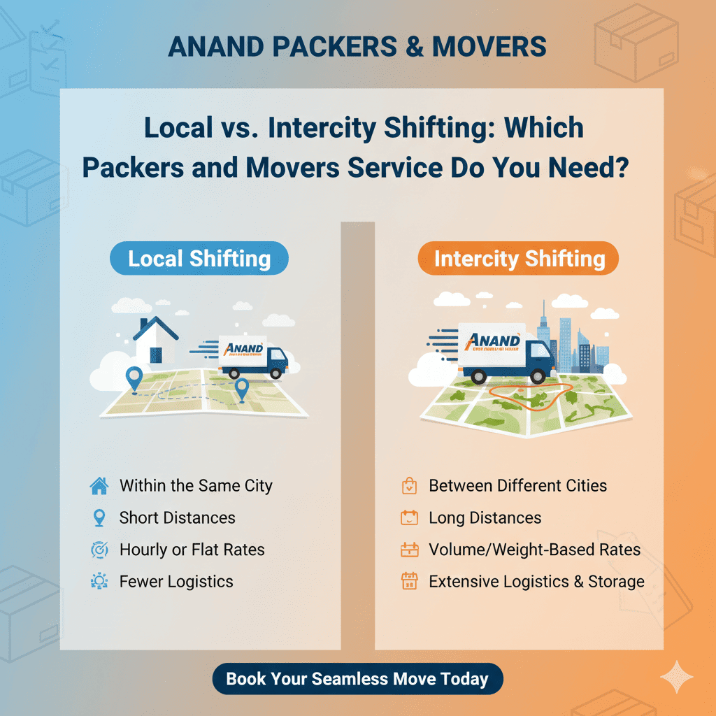 Confused between local and intercity shifting? Learn the difference and choose the right service with Anand Packers and Movers Bangalore.
